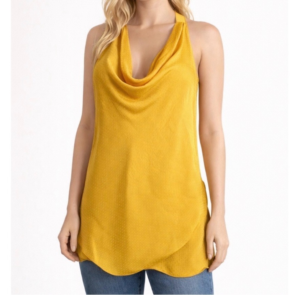 BCBGMaxazria Kira Cowlneck halter top mustard yellow NEW MSRP $138 SZ LG